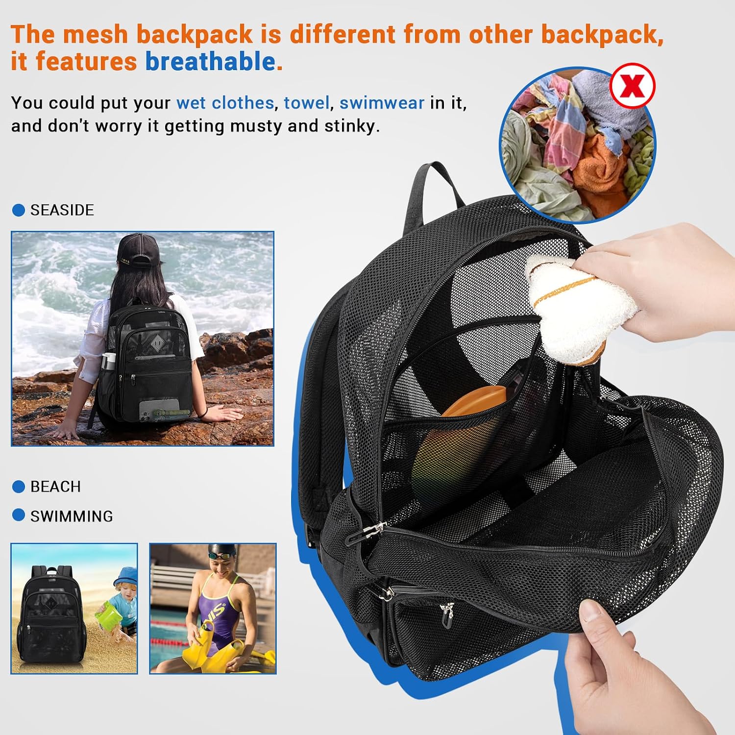 Mesh Backpack Heavy Duty, See Through School Backpack Transparent Bookbag For Swimming, Beach, Sports, Work, Travel