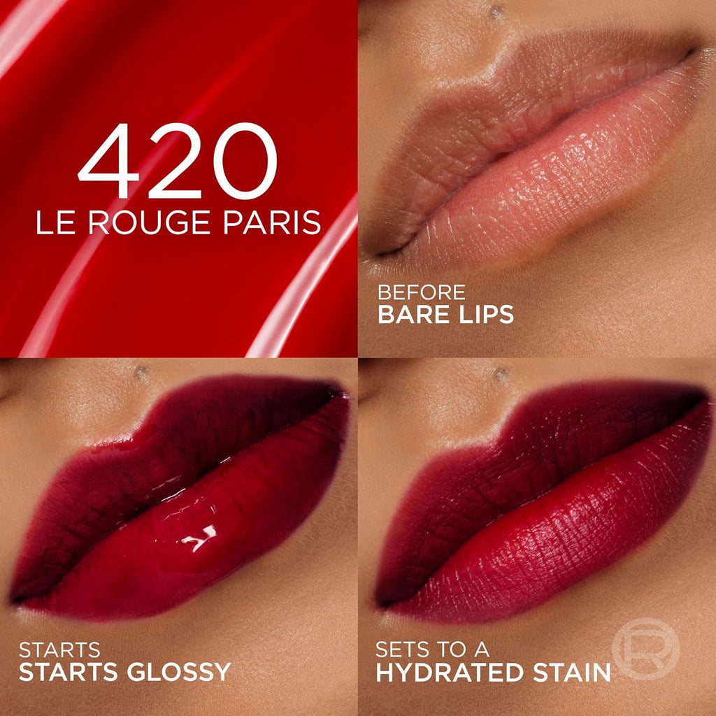 L'Oreal Paris Hyaluron Tint Lip Stain Serum, Long Lasting, Hydrating Lip Makeup Infused with Hyaluronic Acid, 420 Le Rouge Paris (Universal Red)