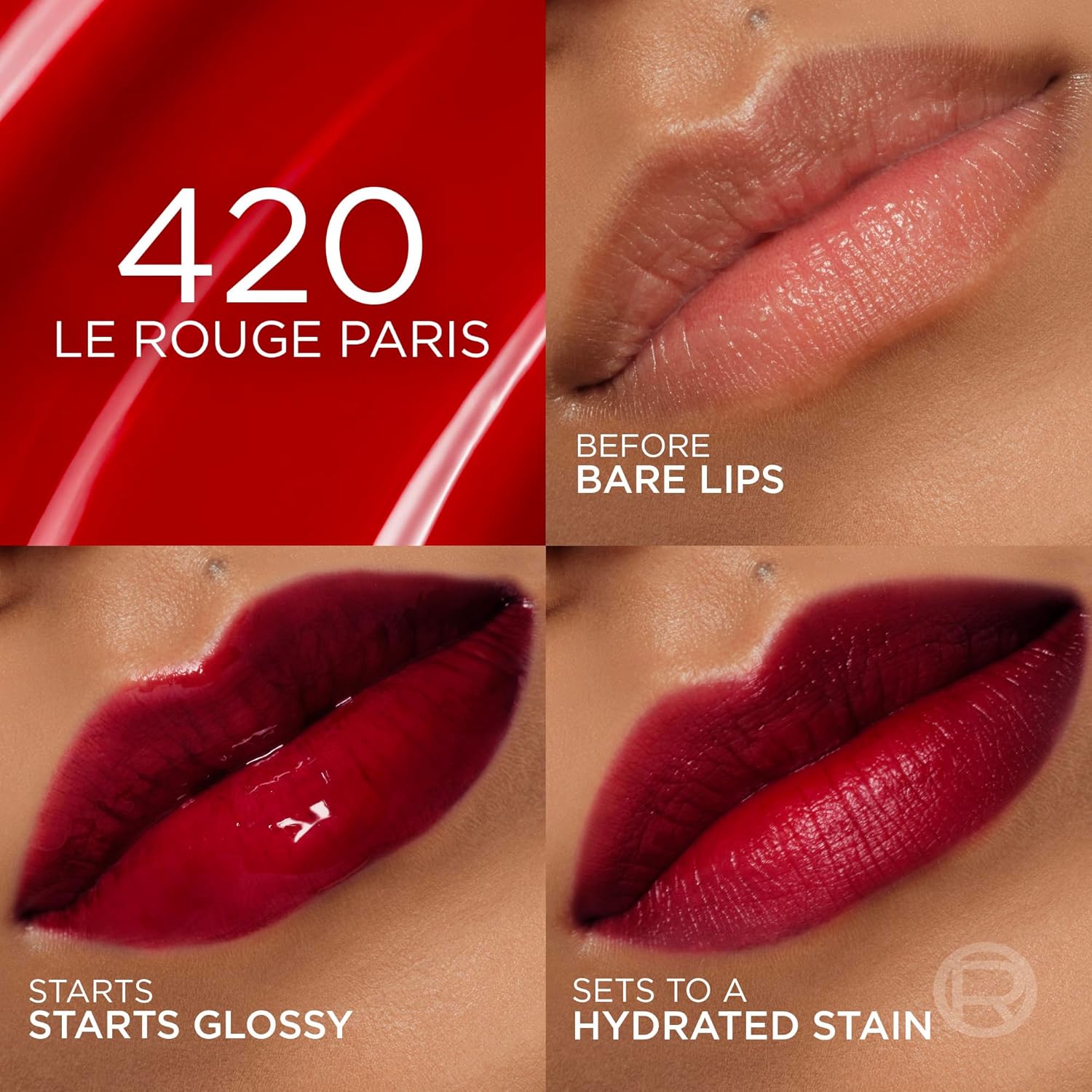L'Oreal Paris Hyaluron Tint Lip Stain Serum, Long Lasting, Hydrating Lip Makeup Infused with Hyaluronic Acid, 420 Le Rouge Paris (Universal Red)