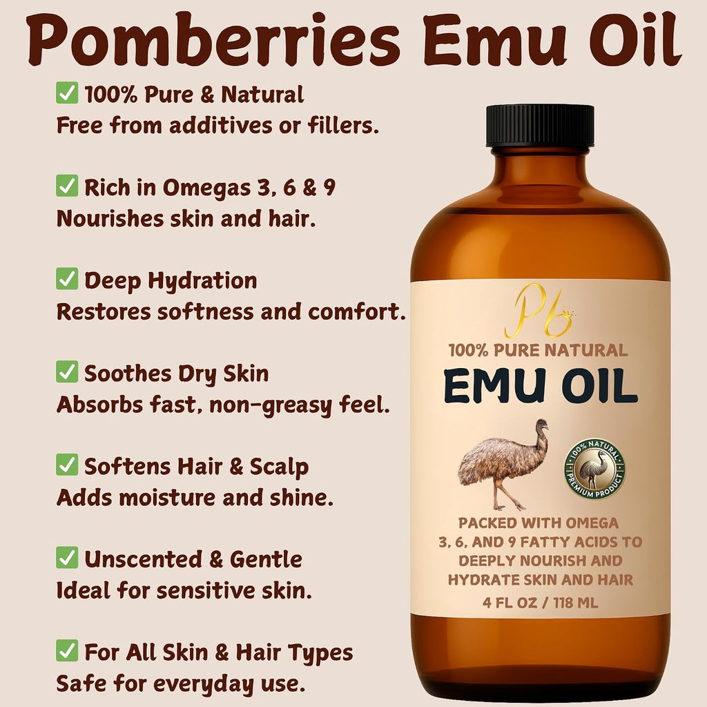 Pomberries Emu Oil, 100% Pure Australian Emu Oil – Refined & Unscented – Natural Moisturizer For Hair, Skin, Face & Body – Helps With Scars, Dry Skin & Massage – 4 Fl Oz Glass Bottle