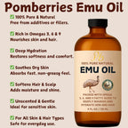 Pomberries Emu Oil, 100% Pure Australian Emu Oil – Refined & Unscented – Natural Moisturizer For Hair, Skin, Face & Body – Helps With Scars, Dry Skin & Massage – 4 Fl Oz Glass Bottle