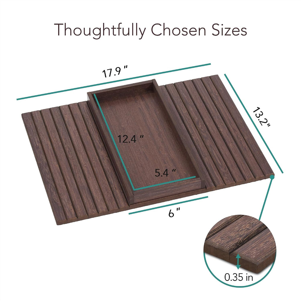 Detor Couch Arm Tray With Spacious 12.4" X 5.4" Storage Box, Walnut Bamboo Finish, Enhanced Non-Slip Felt Bottom, Sturdy Bamboo Slats, Fits Armrests 6" And Wider
