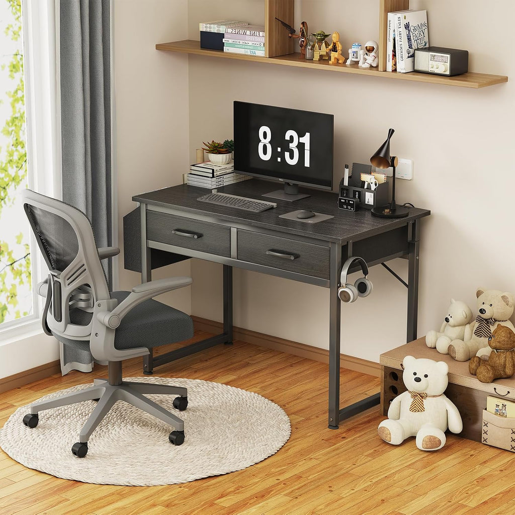 Dlisiting Small Desk With Fabric Drawers For Bedroom, 32 Inch Gaming Desk With 2 Drawers For Small Space, Study Writing Table Pc Desks, Black