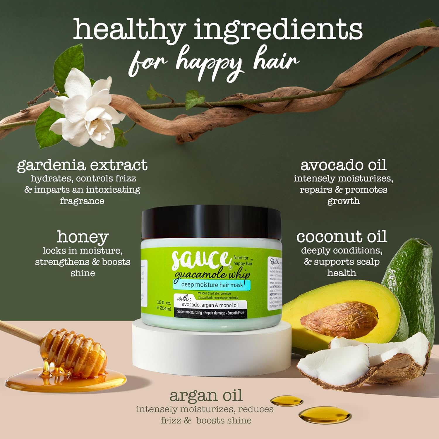 SAUCE Deep Conditioning Hair Mask for Dry Damaged Hair, Guacamole Whip (12 Fl Oz) Frizz Control with Avocado, Jarrah Honey, Monoi & Argan Oil