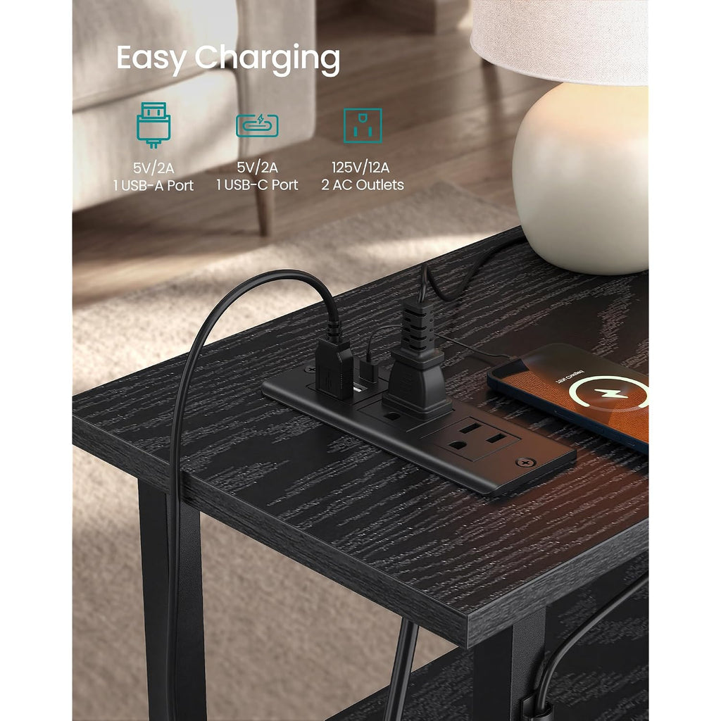 Songmics Side Table With Led Light, Narrow End Table With 2 Drawers, Nightstand With Charging Station, Bedside Tables For Small Space, Living Room, Bedroom, Ink Black, Bellah Collection Ulgs002B101