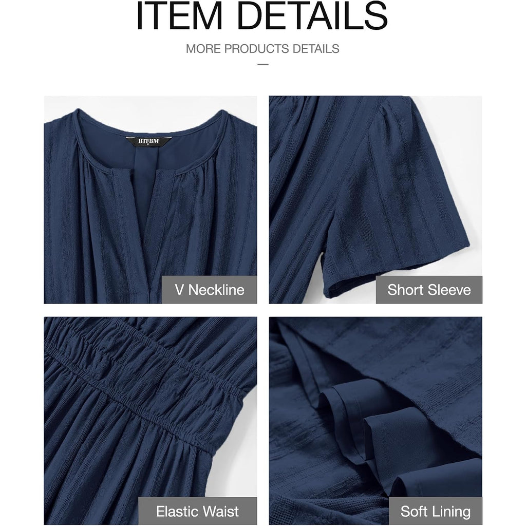 Btfbm Womens Summer 2026 Casual Midi Maxi Dresses Lightweight Short Sleeve V Neck Elastic Waist Boho Beach Dress Pockets
