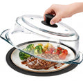 Glass Microwave Splatter Cover for Food with Microwave Place Mat - Sturdy Plate Guard Lid with Vent Holes and Easy-Grip Silicone Handle - BPA Free, Dishwasher Safe (Black)