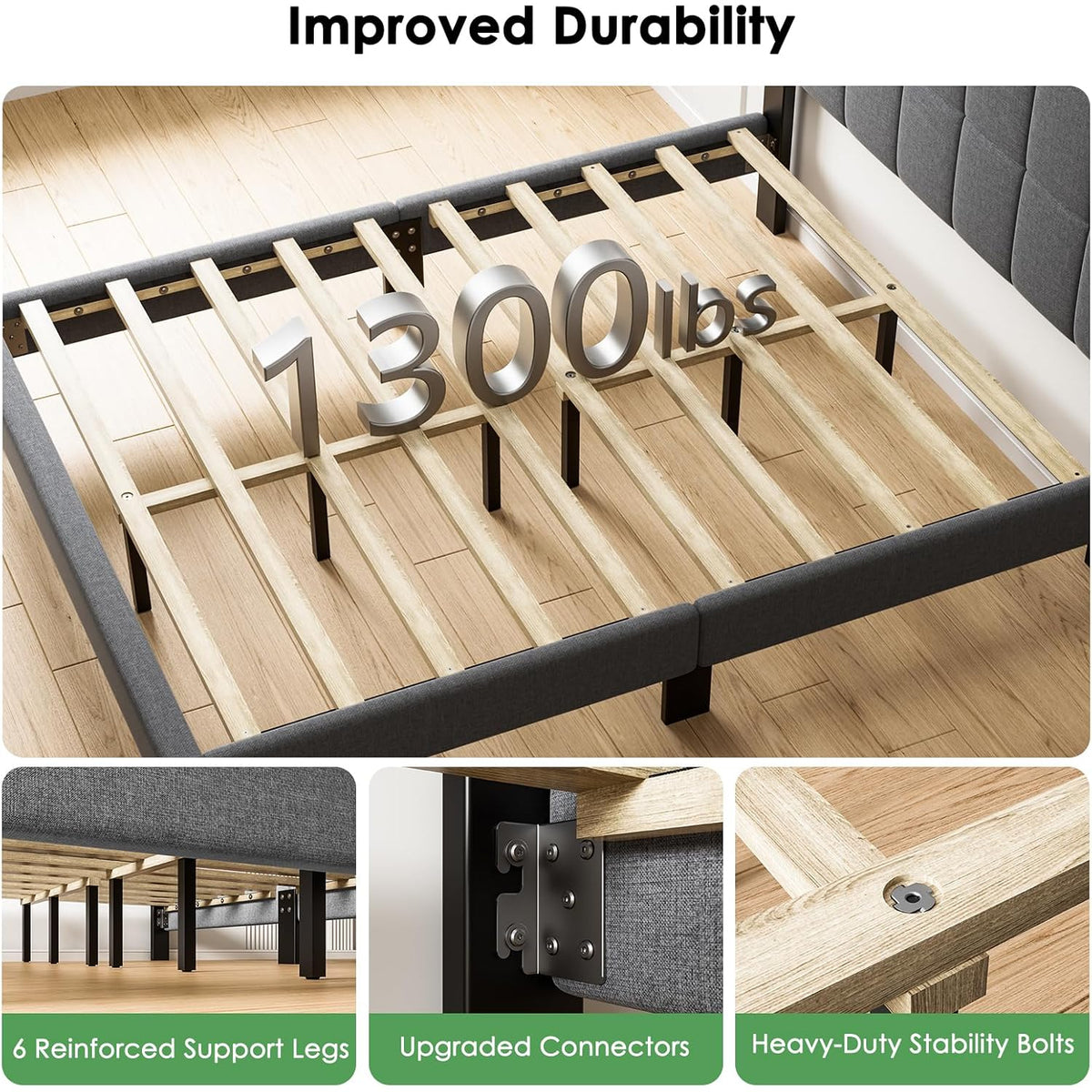 Marsail Queen Size Bed Frame, Sturdy And Durable With 12 Support Legs, 1300 Lbs Capacity, Solid Wooden Upholstered Adjustable Headboard For 6"-12" Mattresses, Easy Assembly, Ideal Height, Dark Gray