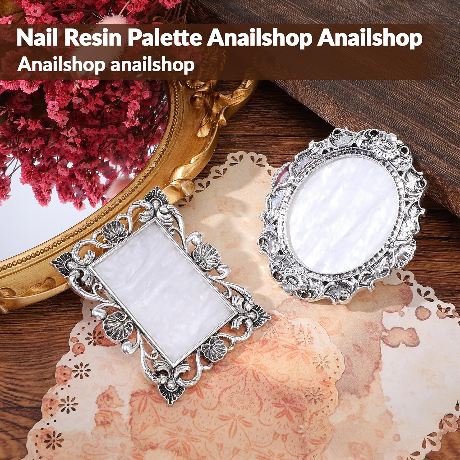 2 Pcs Nail Polish Mixing Plate, Resin Nail Art Palettes Gel Plate with Palette Stick Makeup Mixing Tray Nails Art Display Photography Props Sliver
