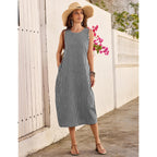Lomon Summer Dresses For Women Cotton Casual Maxi Dress Beach Vacation Long Sundresses Plaid Striped With Pockets