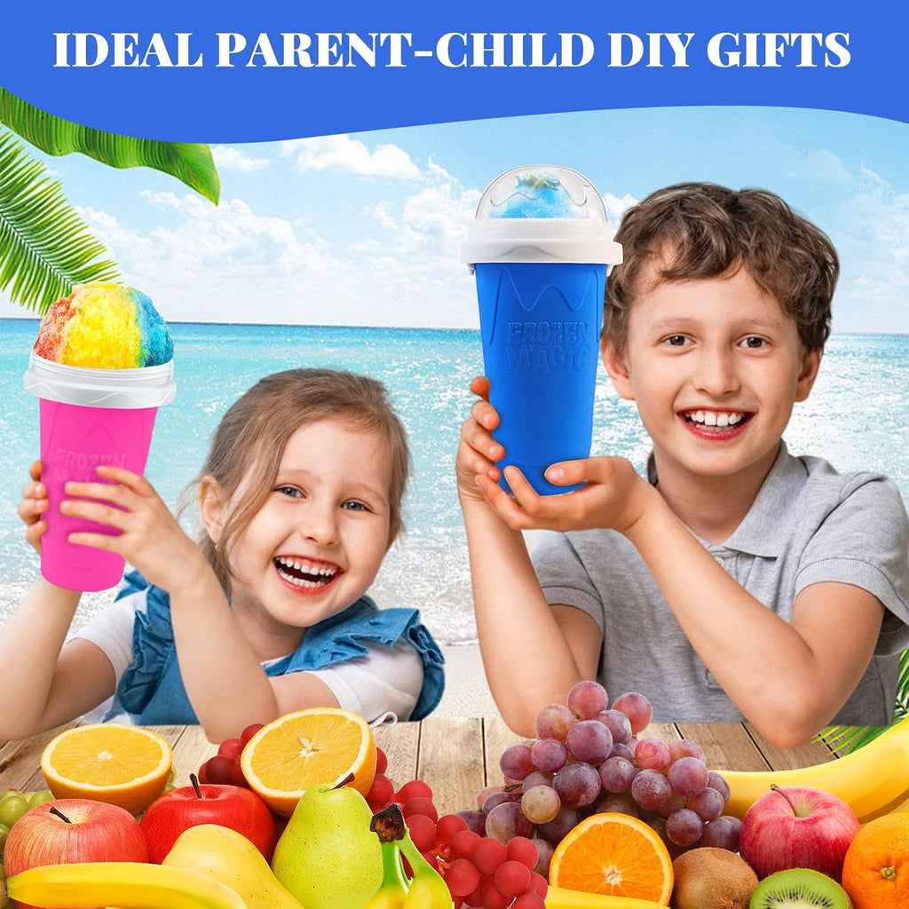 Slushie Cup, 2 Pack Slushy Maker Cup, Diy Magic Squeeze Cups For Juice Milk Yogurt Ice Cream Make, Frozen Cooling Cup With Lid & Straw Cool Stuff Things For Kids Friends Family (Blue+Pink)