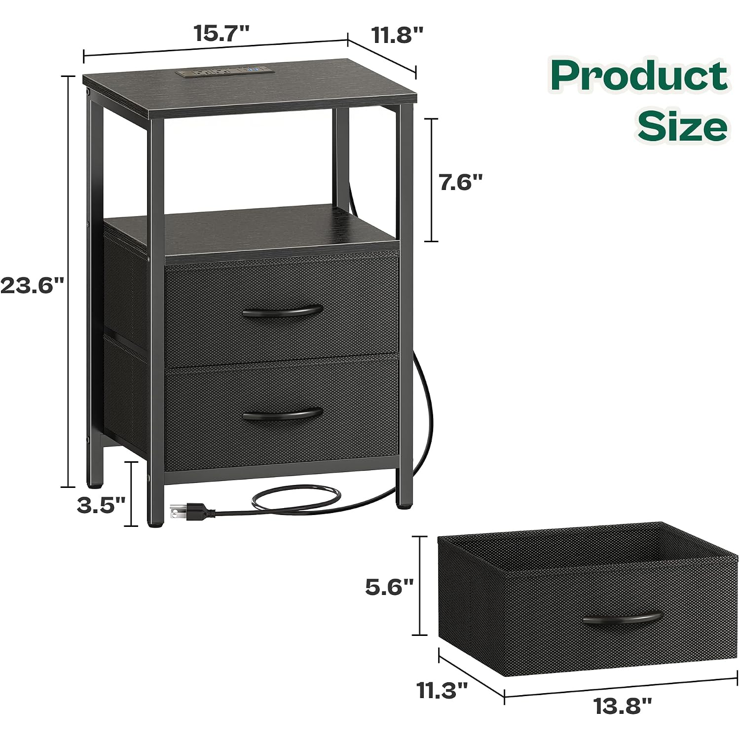 Huuger Night Stand With Charger Station And Led Lights, 2 Drawer Nightstand, Bed Side Table With Open Shelf, End Table, Fabric Drawers For Bedroom, Black