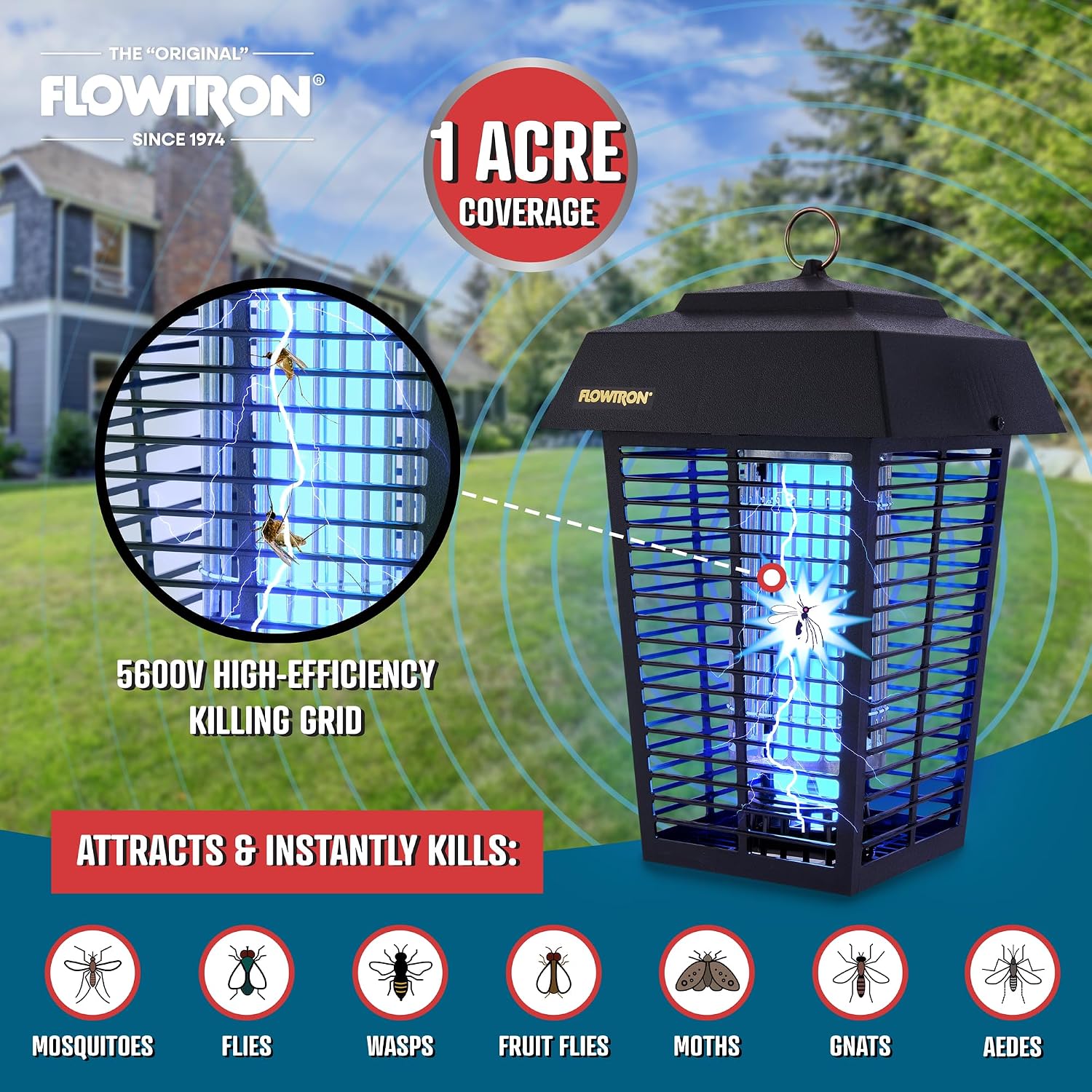 Flowtron Bug Zapper, 1 Acre Outdoor, 40W Uv Bulb, 5600V, Octenol Attractant | Bug Zapper For Backyards, Patios, And Farms - Uv Plus Octenol Lure Clears Mosquitoes, Flies, And Gnats - Ul And Etl Certified