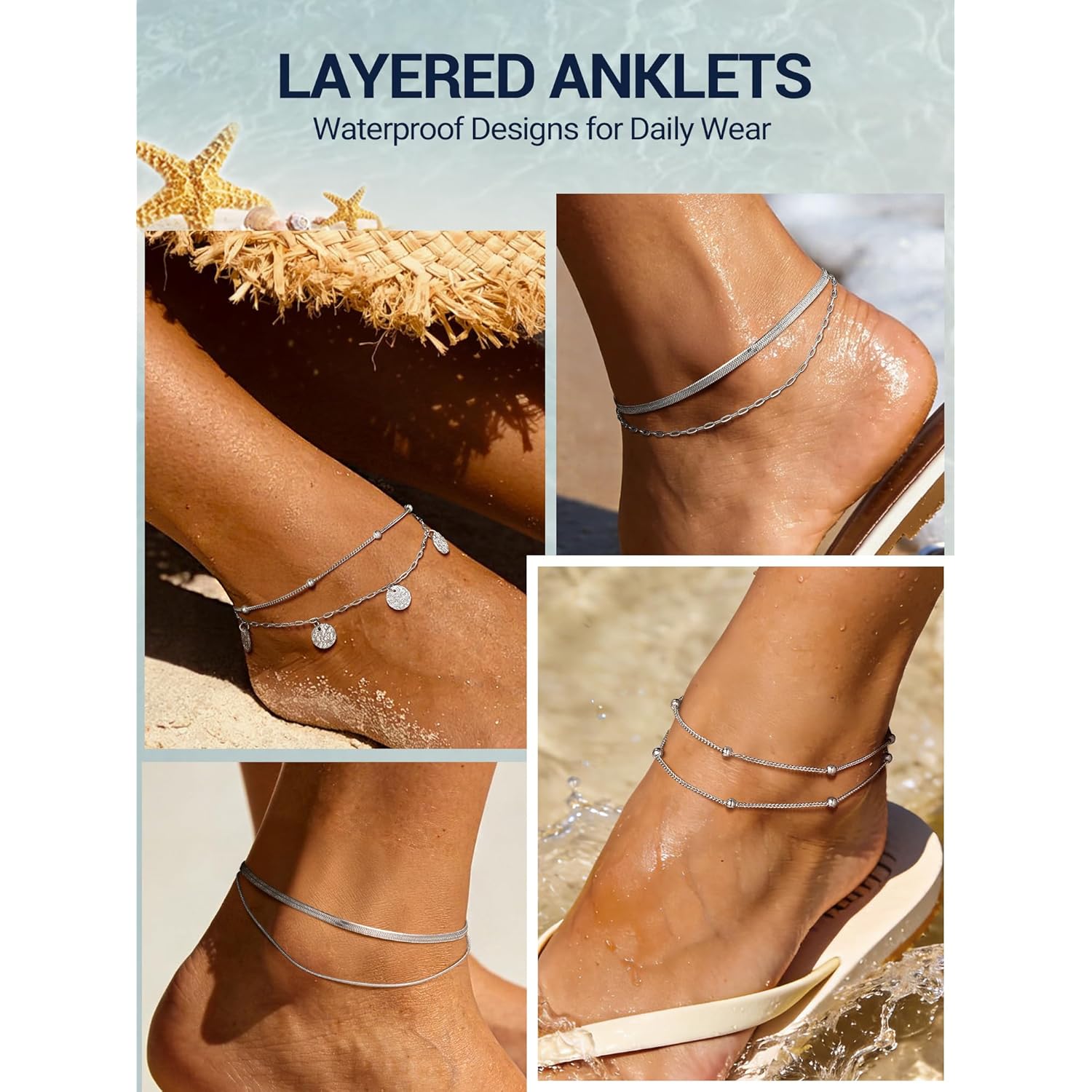 PROSTEEL Ankle Bracelets for Women Waterproof, Layered Stainless Steel Summer Beach anklets, Silver/Gold 8-10.5 Inch Adjustable, Come with Box