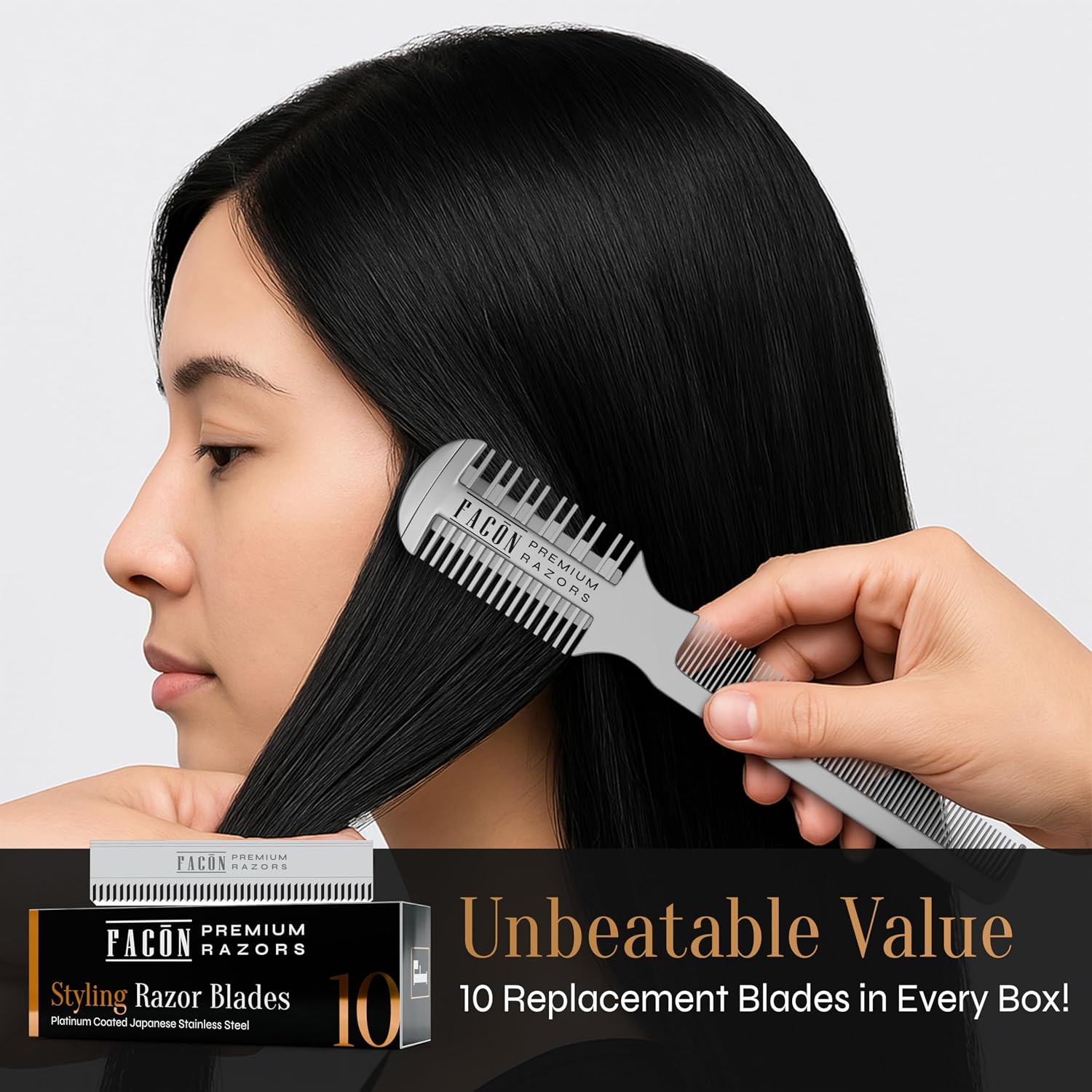 Facón Razor Comb For Hair Cutting - Professional Hair Cutting Comb Kit With 12 Replacement Blades, Double Edge Shaper For Salon & Home, Premium Styling Thinning Texturizing Split Ends Trimming Razor