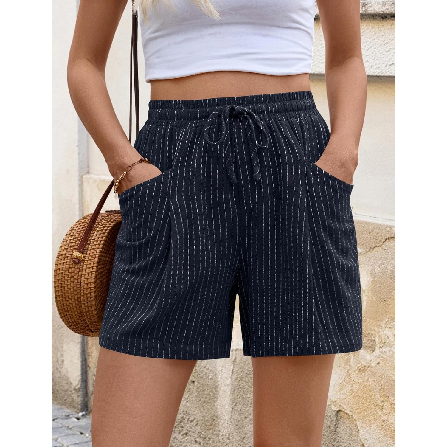 Linen Shorts Women Casual Wide Leg High Waisted Summer Outfits Comfy Elastic Waist Beach Shorts with Pockets