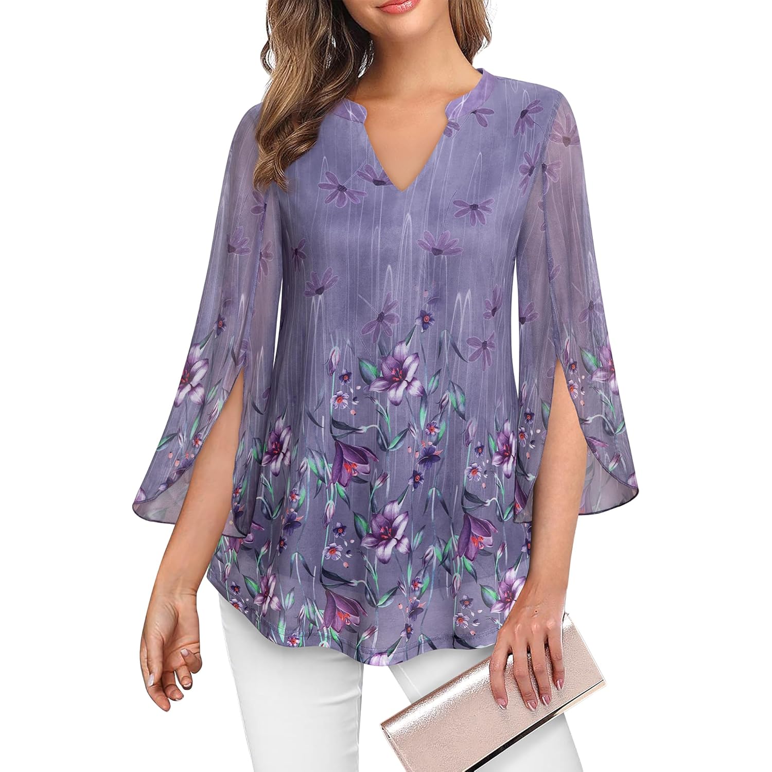 Women's 3/4 Sleeve Floral Tunic Tops V Neck Double Layers Loose Fit Mesh Blouses Shirt