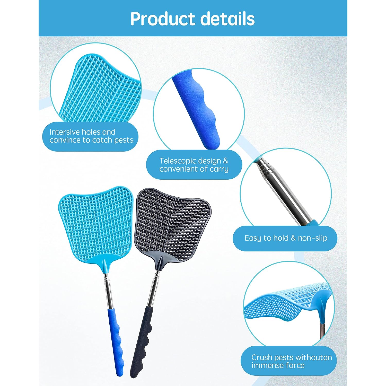 Cuncui Fly Swatter Set Of 2, Telescopic Fly Swatters-Black & Blue | Cuncui Fly Swatter 2 Pack, Durable Telescopic Stainless Steel Extendable Handles, For Home And Office, 2Pcs, 2 Colors