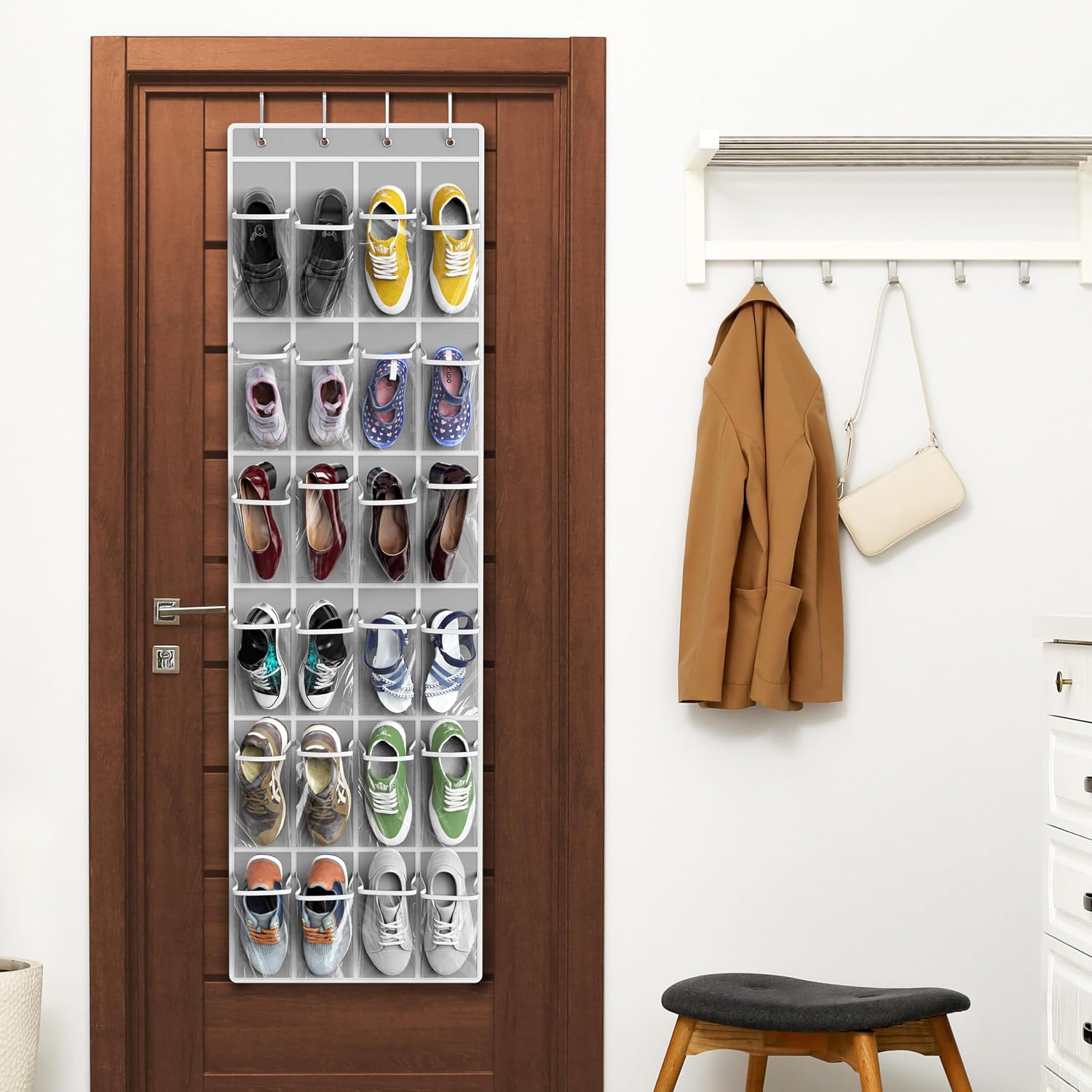 Simple Houseware 24 Pockets - Crystal Clear Over The Door Hanging Shoe Organizer, Gray (64'' X 19'')