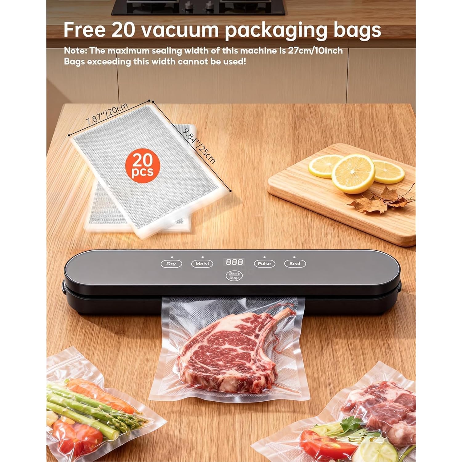 75kPa Vacuum Sealer Machine, Compact Vacuum Sealer for Food, 4-in-1 Food Sealer, Digital Timer, Moist/Dry, Pulse, Seal Modes, with 20 Vacuum Bags, Black