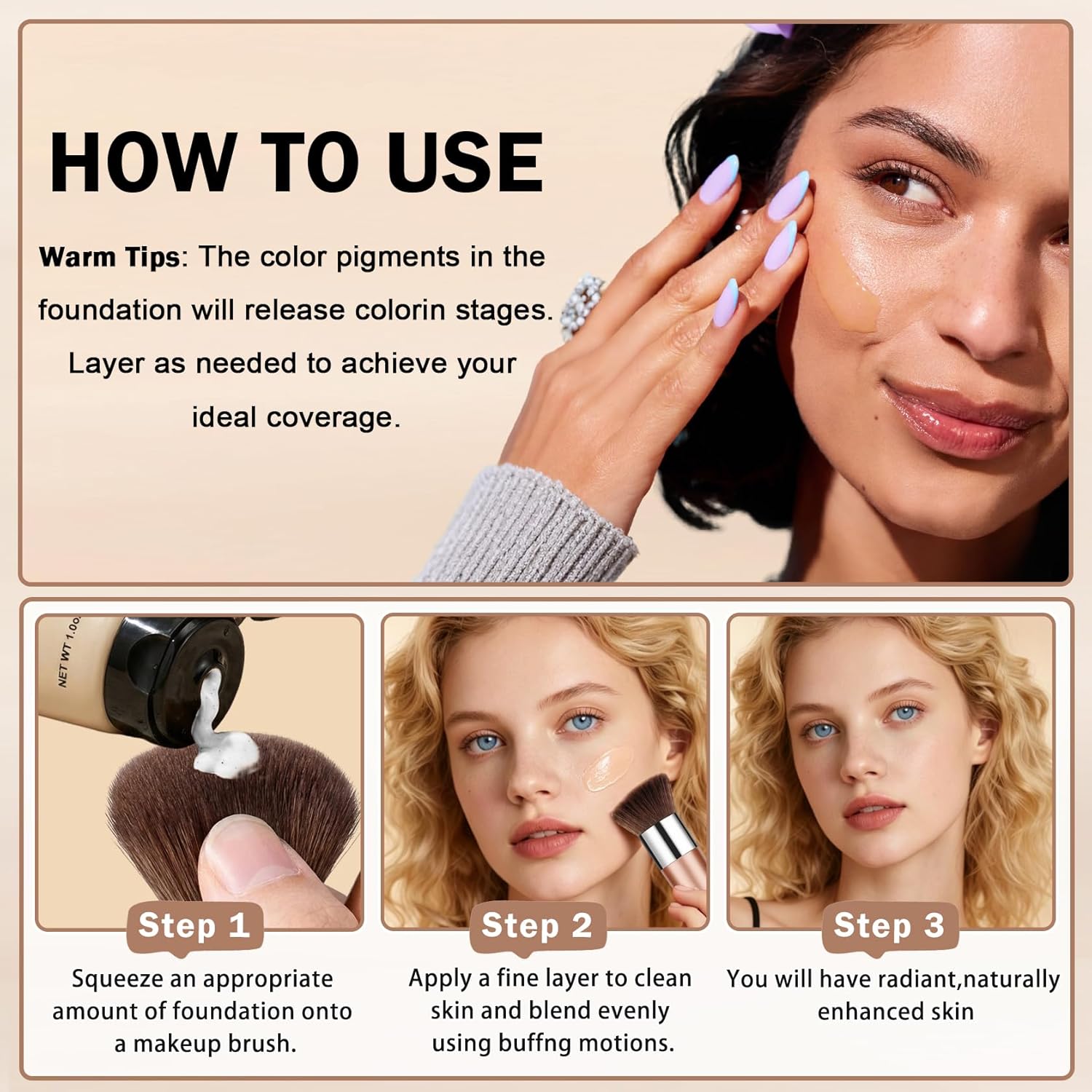 Color Matching Foundation,Hydrating Color Adjusting Foundation,Lightweight Coverage Face Makeup with Skincare-Infused,Includes Brush,1.01 FL.OZ - 01 Light
