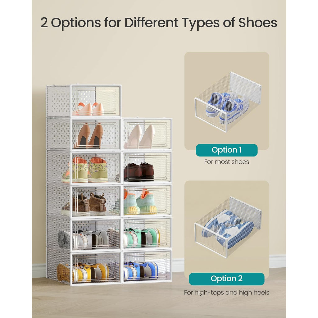 Songmics Shoe Boxes, Pack Of 12 Shoe Storage Organizers, Stackable Clear Plastic Boxes For Closet, Sneakers, 13.1 X 9.1 X 5.6 Inches, Transparent And White Ulsp12Swt