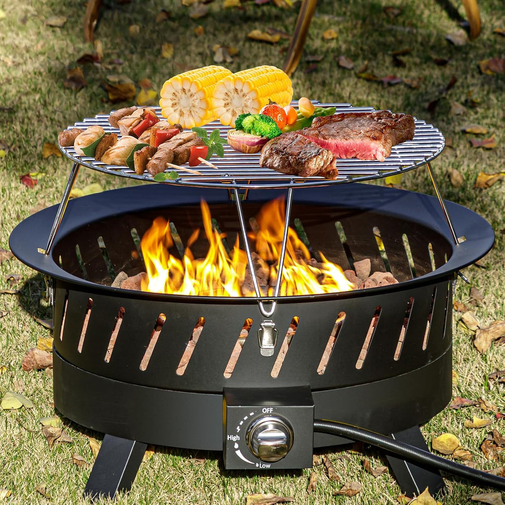 Econook 24 Inch Portable Propane Fire Pits With Grill, Gas Fire Pit Bowl For Outside With Lid & Handle, Smokeless Gas Firebowl,Propane Firepit For Camping, Patio, Yard, Garden