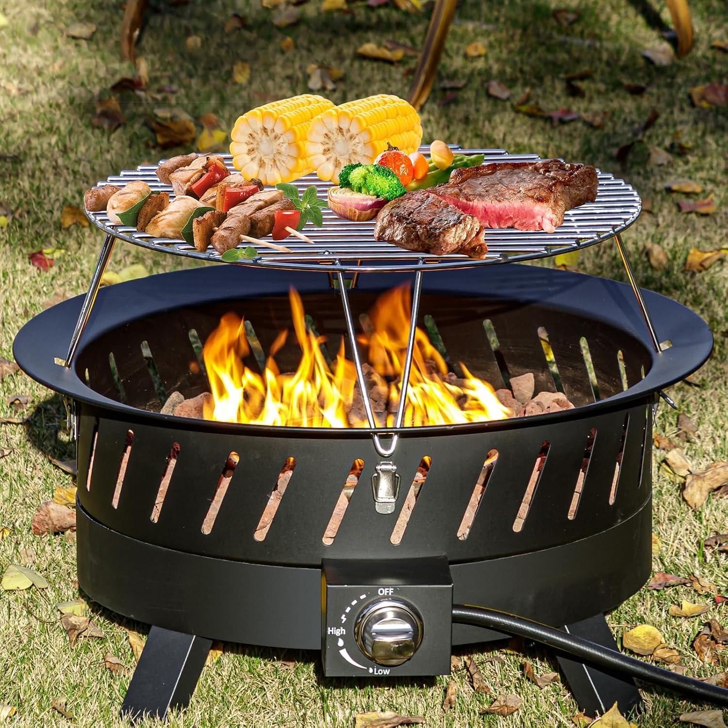 Econook 24 Inch Portable Propane Fire Pits With Grill, Gas Fire Pit Bowl For Outside With Lid & Handle, Smokeless Gas Firebowl,Propane Firepit For Camping, Patio, Yard, Garden