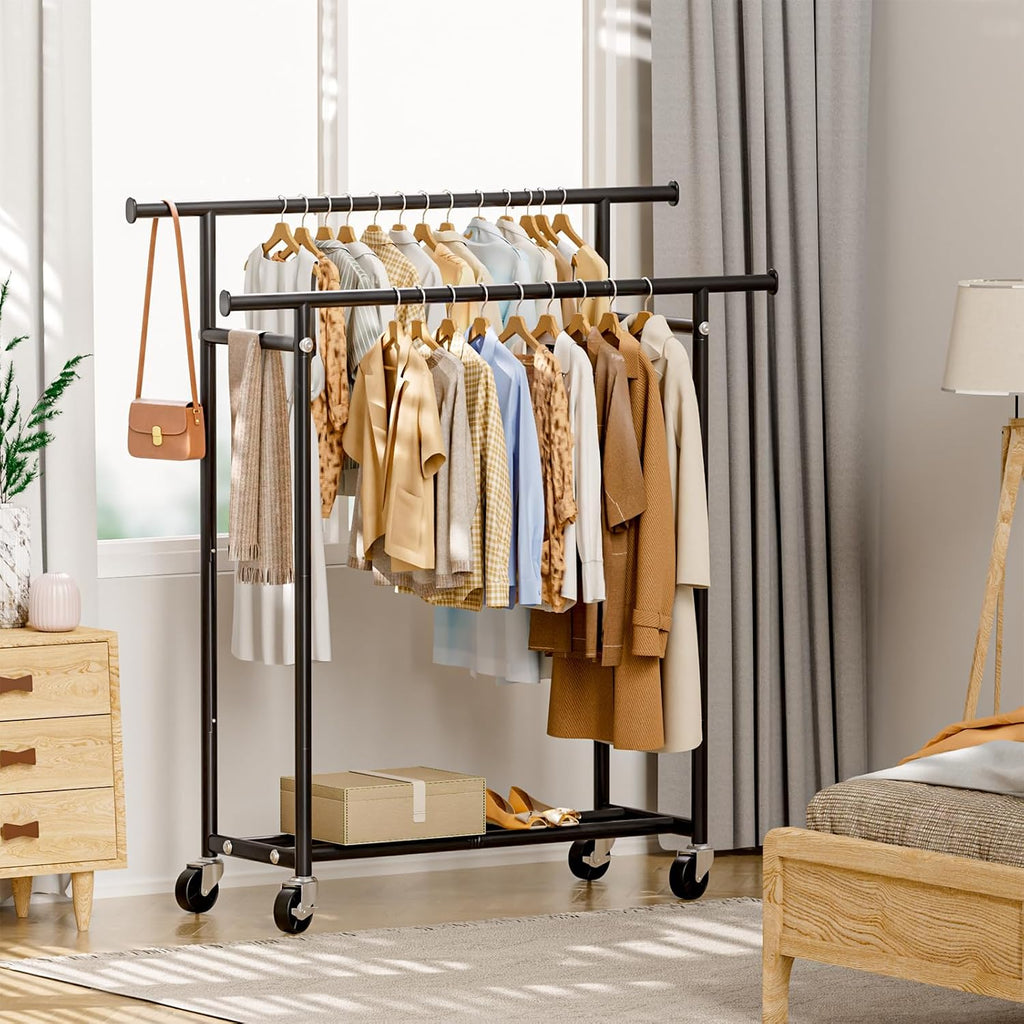 Hyseyy Clothes Rack, Double Rods Rolling Clothing Rack For Hanging Clothes, Portable Garment Rack With Wheels, Coat Rack Wardrobe Closet Load 240 Lbs For Bedroom Laundry Room (Black, L)