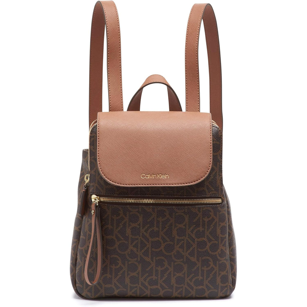Calvin Klein Women's Elaine Signature Key Item Flap Backpack, Brown/Khaki/Luggage Saffiano, One Size