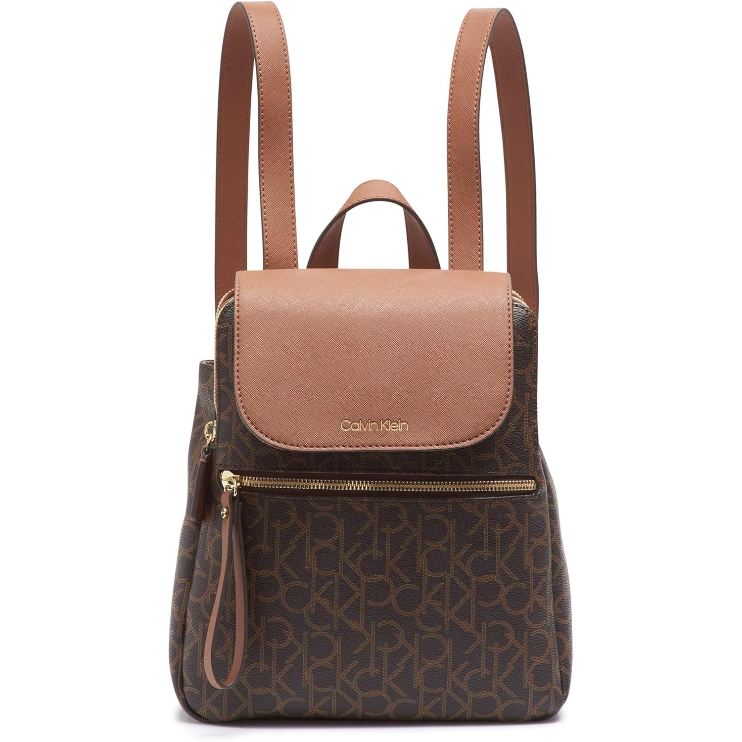 Calvin Klein Women's Elaine Signature Key Item Flap Backpack, Brown/Khaki/Luggage Saffiano, One Size
