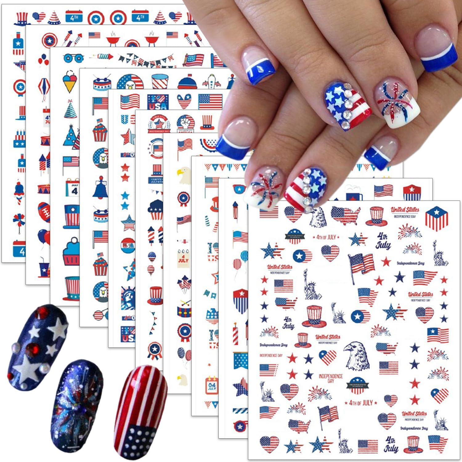 10Pcs 4th of July Nail Stickers Patriotic Nail Decals Independence Day Nail Art Stickers American Flag Stars Eagle Fireworks Heart Nail Design Supplies Memorial Day DIY Nail Decoration for Women Girls