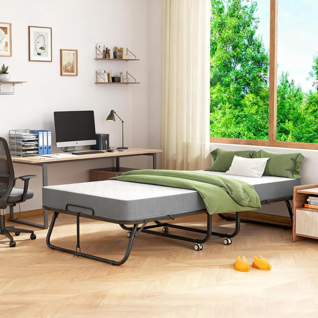 Pataku Folding Bed With Mattress, Twin Foldable Bed, Roll Away Beds For Adults, 75" X 31" Roll Away Portable Beds With 5" Mattress, Folded Frame For Small Apartment, Guest Room