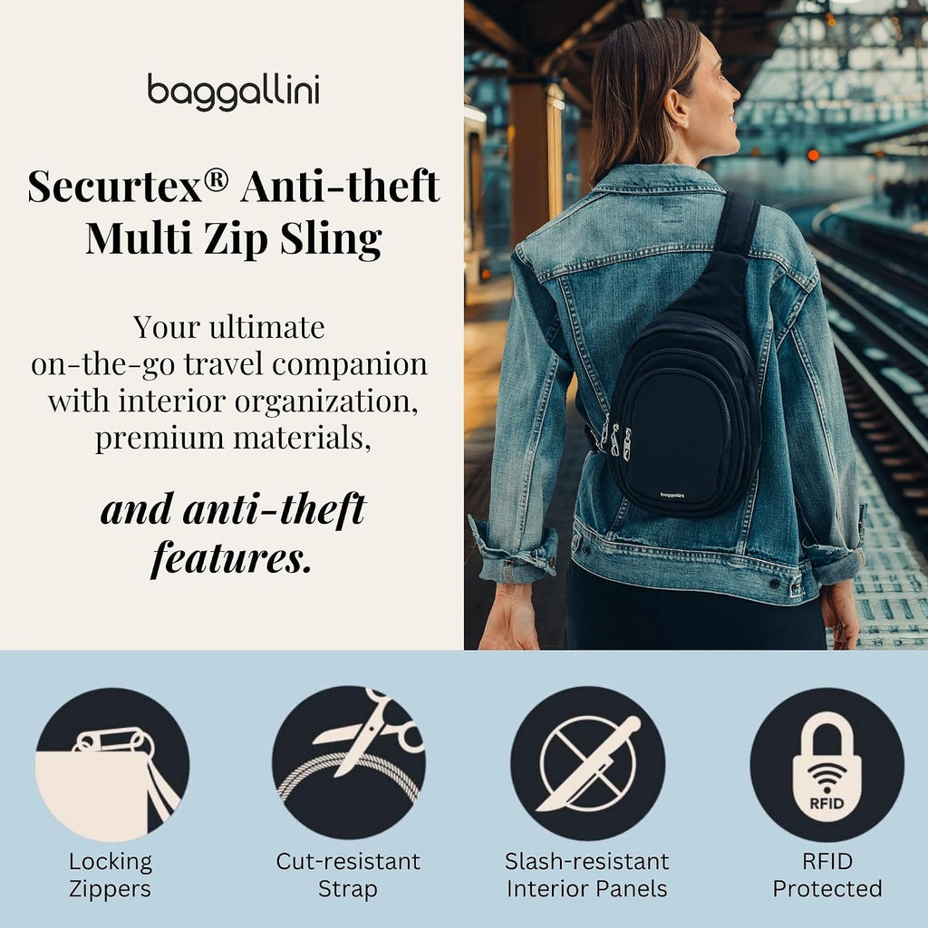 Baggallini Securtex® Anti-Theft Multi Zip Sling - Lightweight 8.6"X15.2" Travel Bag With Locking Zippers & Rfid Protection