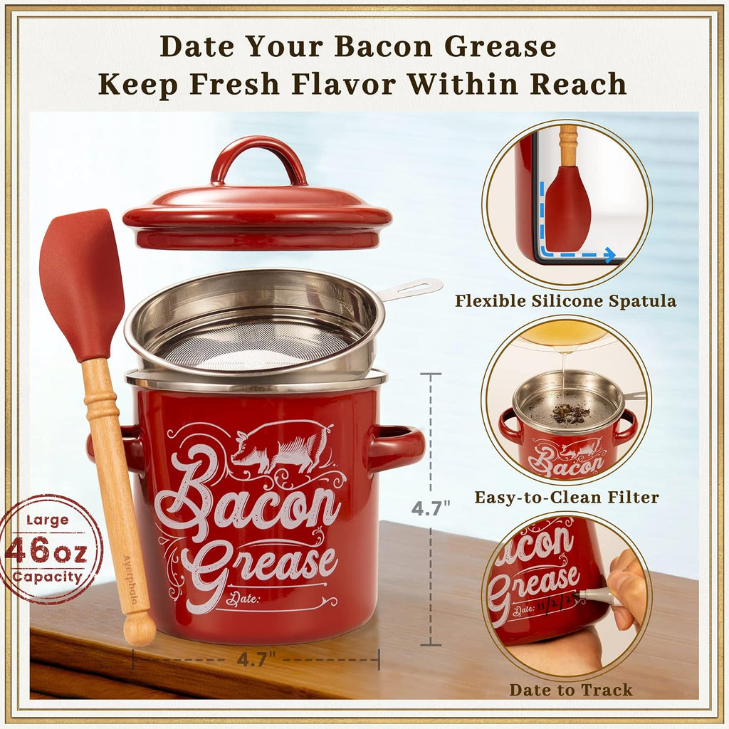 Ayerphalo Bacon Grease Container With Strainer - 46Oz Large Capacity, With Silicone Wooden Spatula, Enamel Bacon Grease Keeper For Bacon Drippings, Farmhouse Red Kitchen Decor, Dishwasher Safe