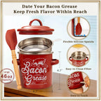 Ayerphalo Bacon Grease Container With Strainer - 46Oz Large Capacity, With Silicone Wooden Spatula, Enamel Bacon Grease Keeper For Bacon Drippings, Farmhouse Red Kitchen Decor, Dishwasher Safe