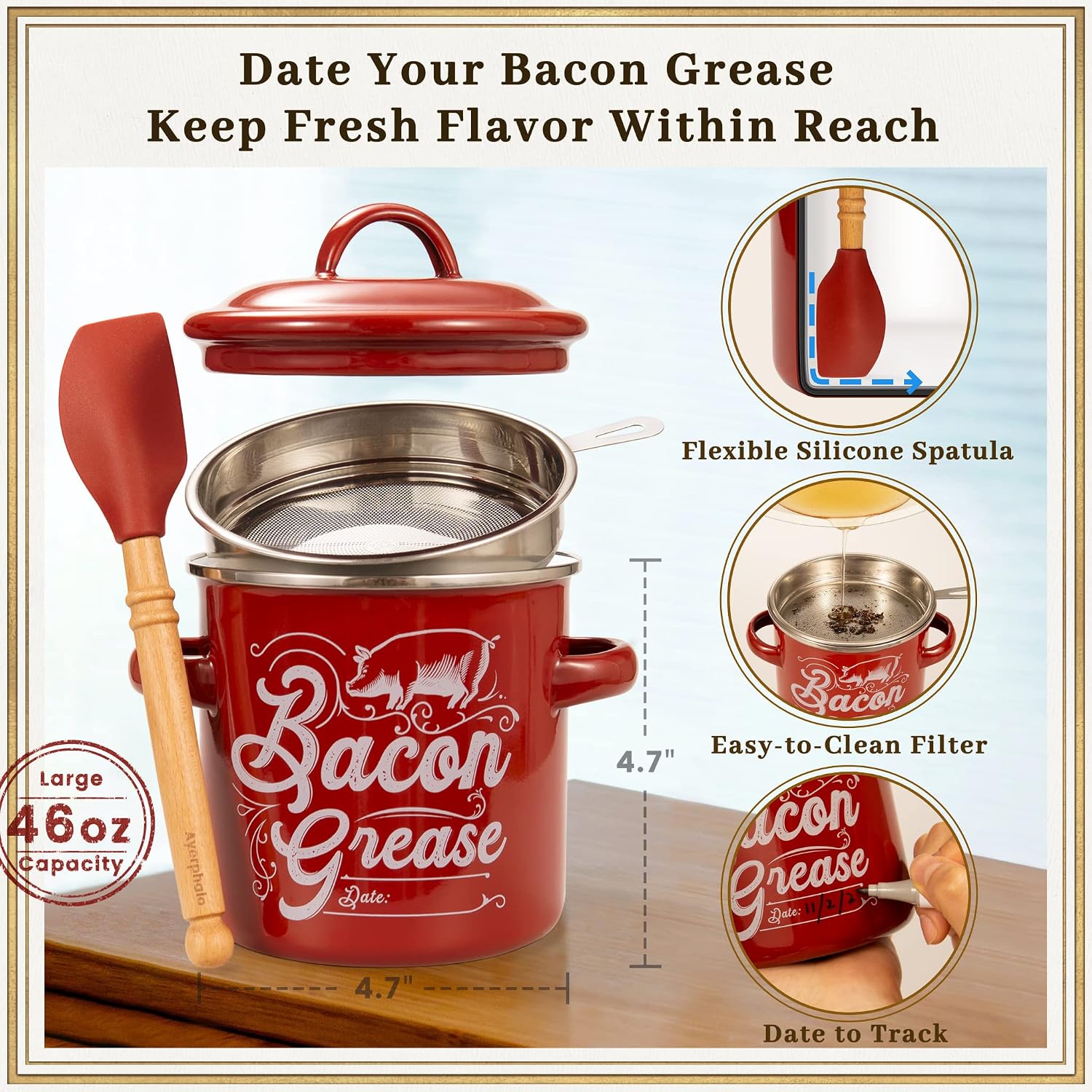 Ayerphalo Bacon Grease Container With Strainer - 46Oz Large Capacity, With Silicone Wooden Spatula, Enamel Bacon Grease Keeper For Bacon Drippings, Farmhouse Red Kitchen Decor, Dishwasher Safe