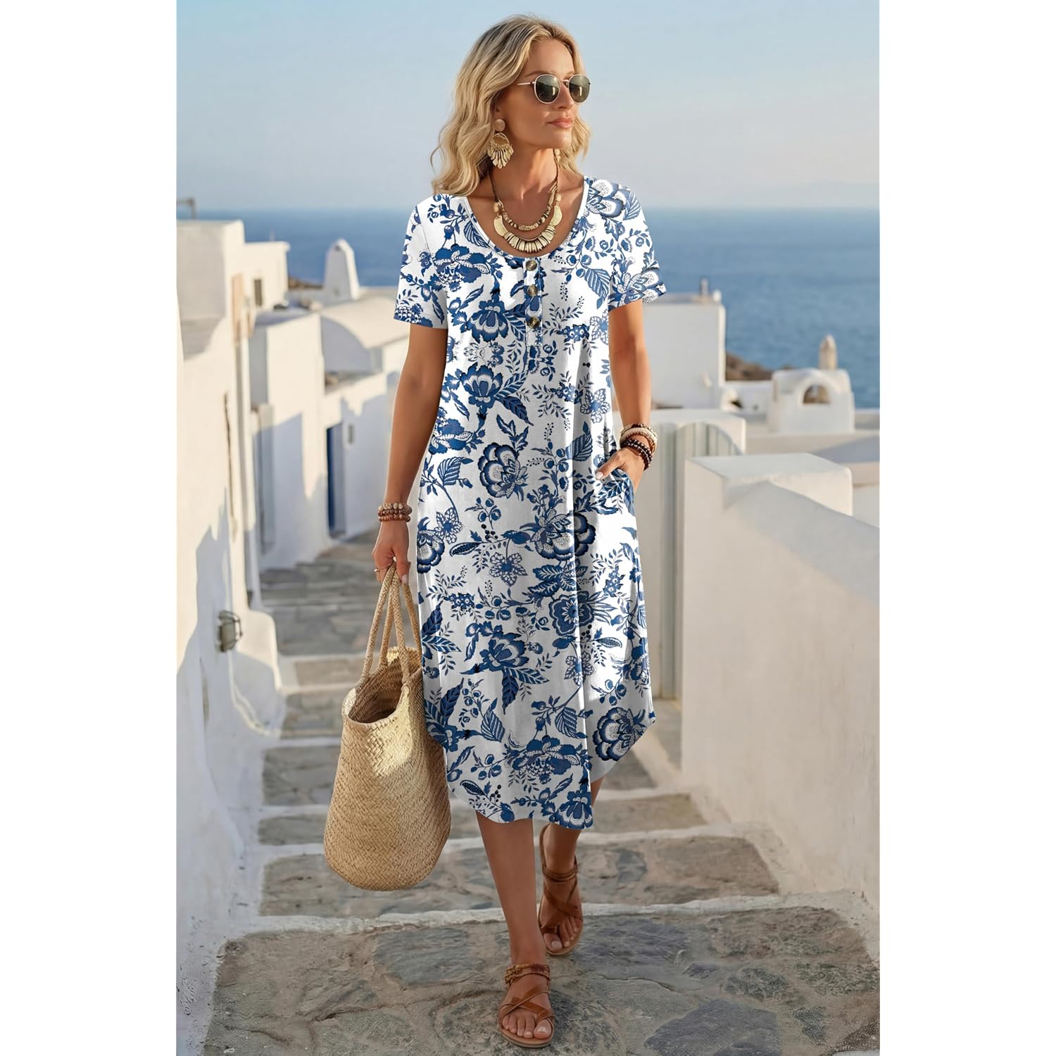 Ofeefan Summer Dresses For Women 2026 Casual Midi Dresses Beach Vacation Outfits Tshirt Dress With Pockets Resort Wear
