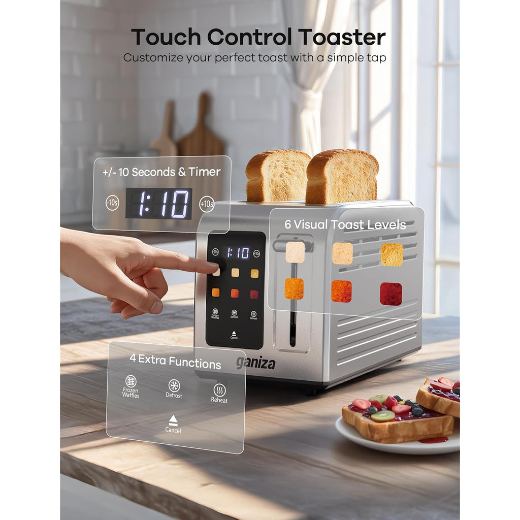 Ganiza Smart Toaster 2 Slice With Touchscreen, Digital Countdown Timer, Touch Screen Toaster Wide Slot, Full Stainless Steel, Defrost Reheat Cancel, +/-10S Fine-Tune, Removable Crumb Tray, Max 925W