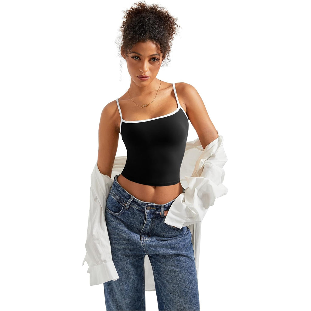Suuksess Women Double Line Square Neck Tank Top Summer Y2K Going Out Basic Cami Shirt