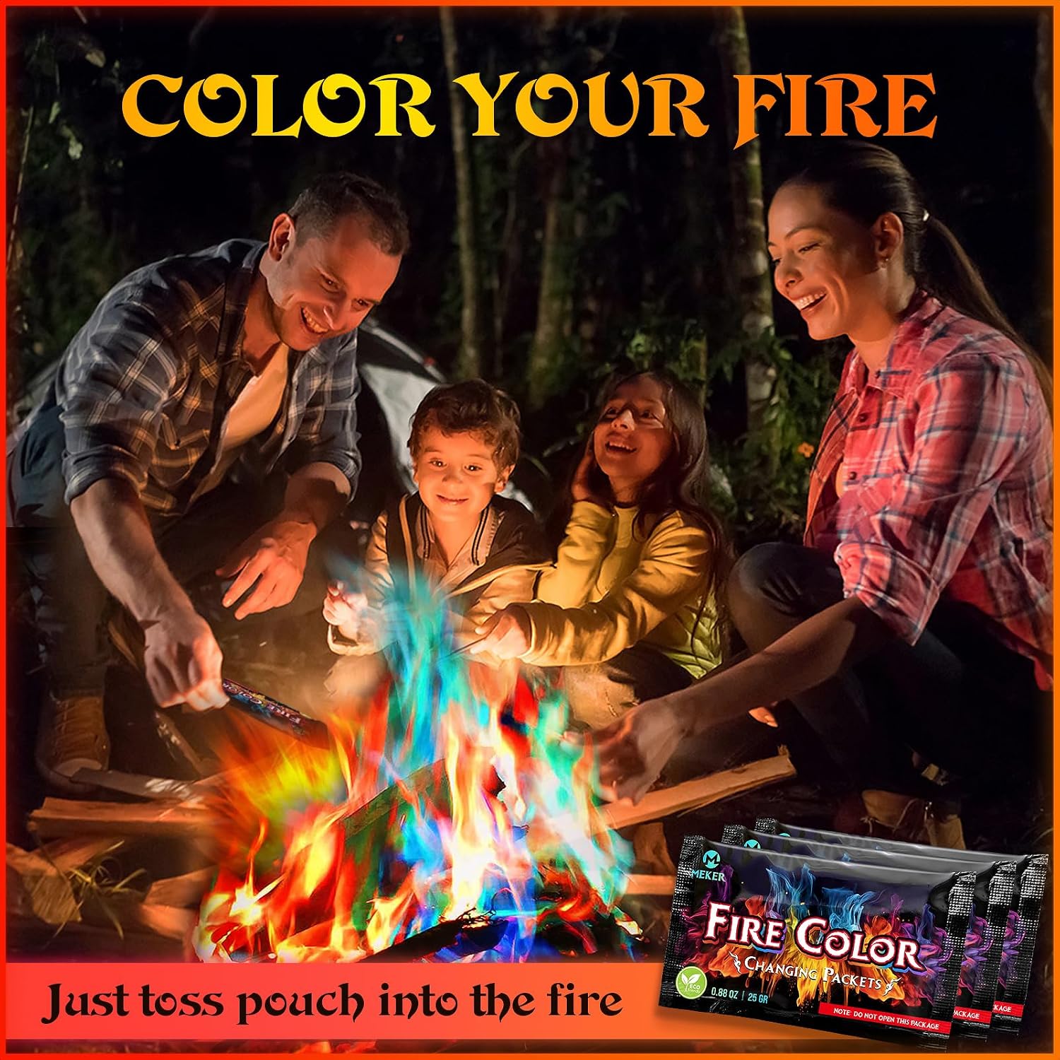 Meker Fire Color Changing Packets - Fire Pit, Campfires, Outdoor Fireplaces, Bonfire - Magic Colorful Changing Fire - Perfect Fire Camping Accessories For Kids & Adults (12 Pack)