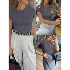 Anrabess Women Short Sleeve Crewneck Ribbed Knit Slim Fitted Shirts Summer Tops Basic Tee Casual 2026 Spring Outfits Clothes