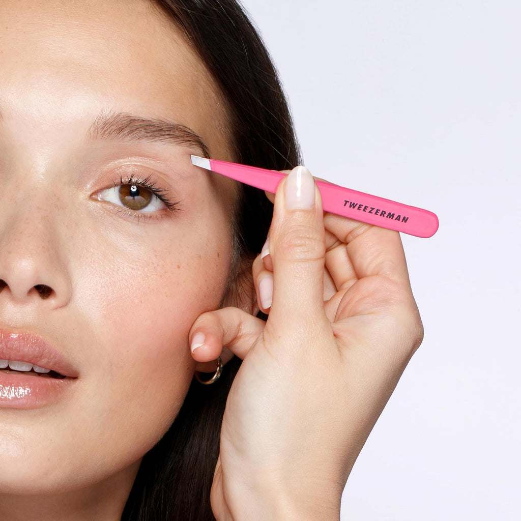 Tweezerman Stainless Steel Slant Tweezer - Eyebrow Tweezers for Women and Men (Neon Pink)
