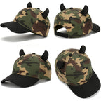 Unisex Camouflage Baseball Cap Outdoor Adjustable Devil Horn Trucker Hat for Halloween Cosplay Party Camouflage