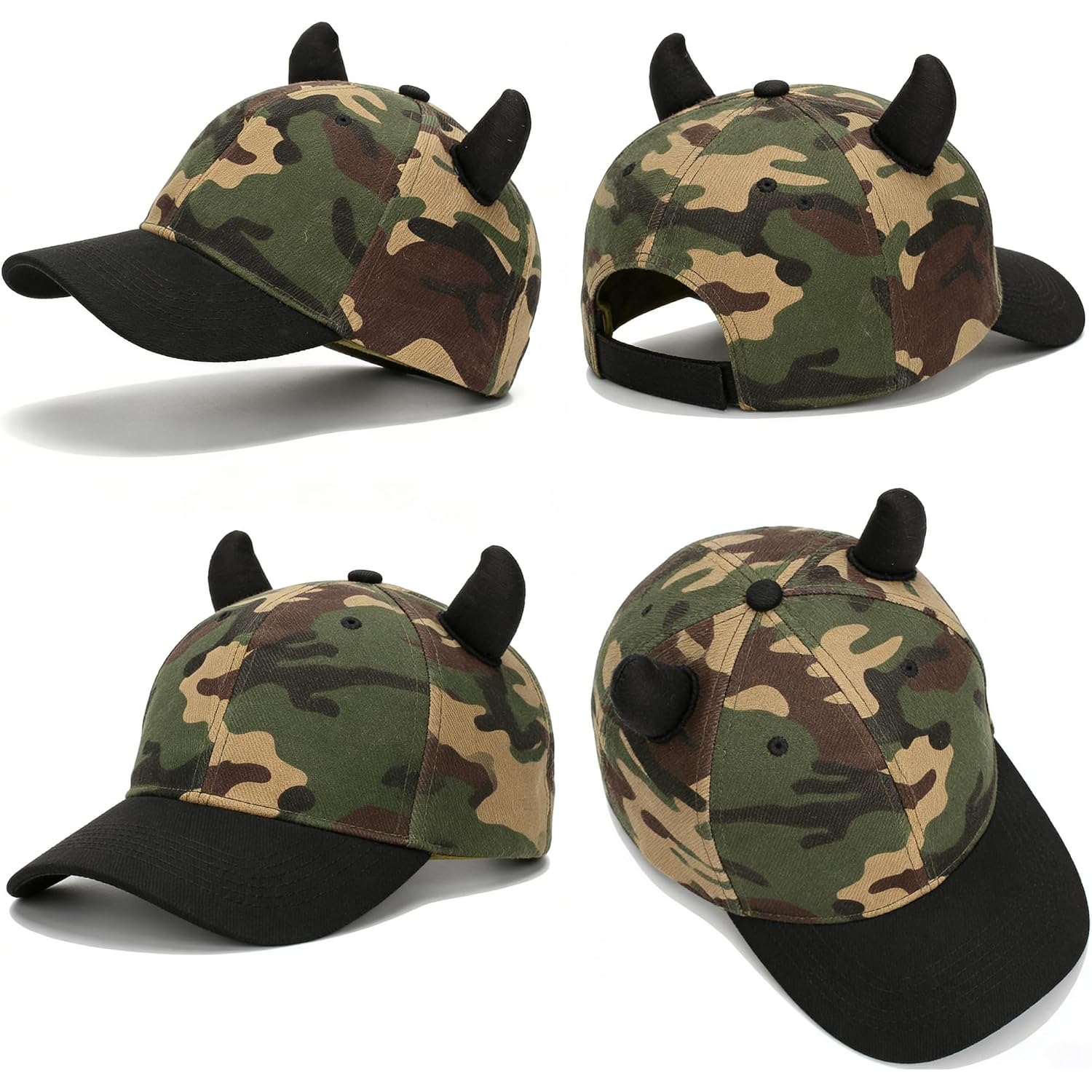 Unisex Camouflage Baseball Cap Outdoor Adjustable Devil Horn Trucker Hat for Halloween Cosplay Party Camouflage