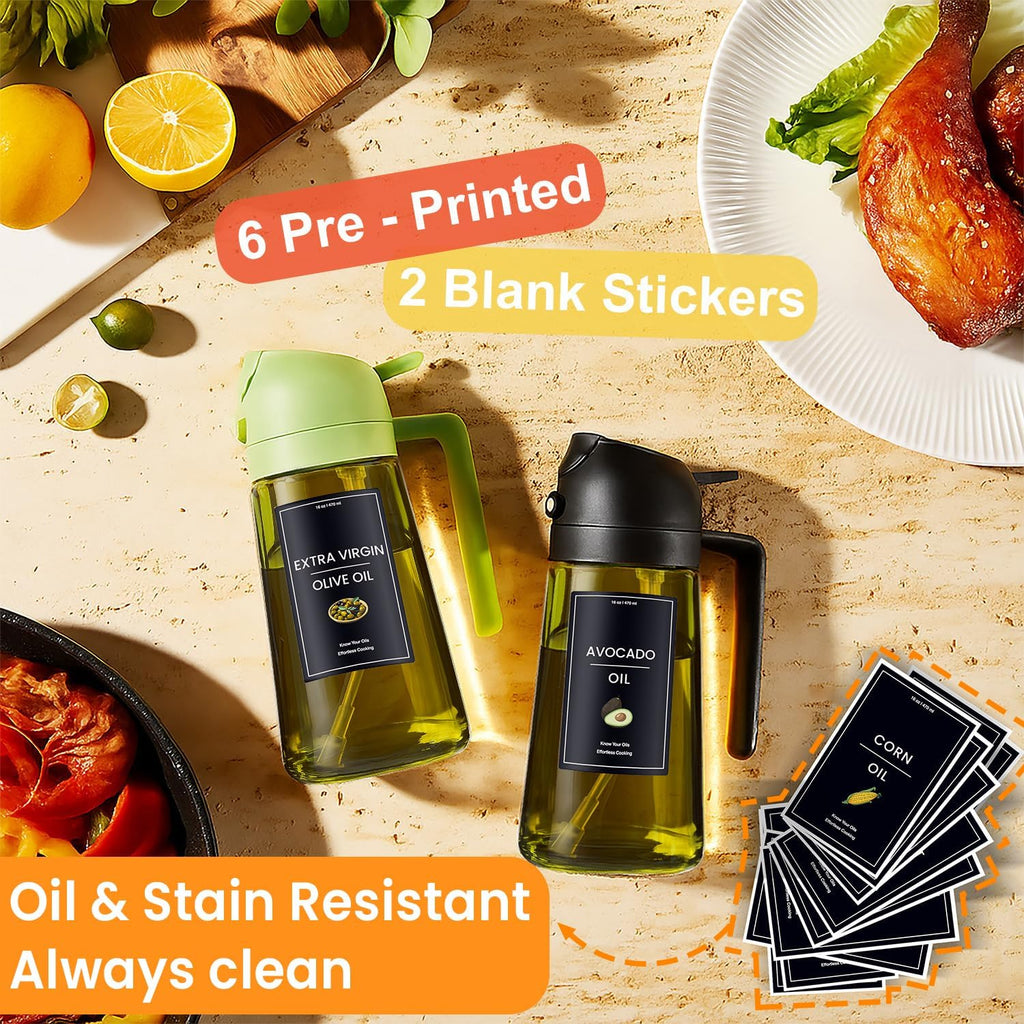 16Oz/470Ml Olive Oil Dispenser For Kitchen With Stickers - 2 In 1 Olive Oil Sprayer For Cooking, Air Fryer, And Salad, Black&Green (Light-Proof Kitchen Gadget)