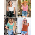 Zesica Women'S Short Sleeve Square Neck Color Block T Shirt 2026 Summer Slim Fit Ribbed Knit Basic Tee Tops