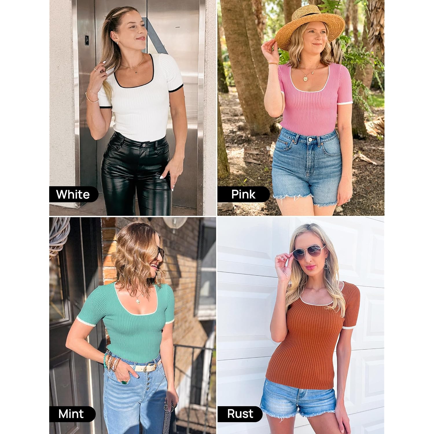 Zesica Women'S Short Sleeve Square Neck Color Block T Shirt 2026 Summer Slim Fit Ribbed Knit Basic Tee Tops