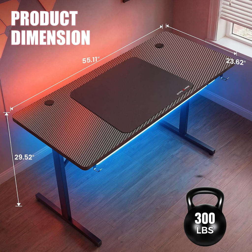Gtplayer 55 Inch Gaming Desk With Led Lights, Large Computer Desk With Mouse Pad For Home Office, T-Shaped Carbon Fibre Surface Pc Game Workstations With Headphone Hook