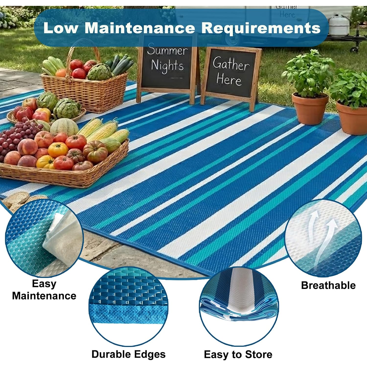 Outdoor Rug Camping Essentials - 4X6 Ft Outdoor Plastic Straw Rug For Patio Clearance, Waterproof Rv Essentials Outside Area Rug For Deck Garden, Backyard Patio Furniture Set, Blue White
